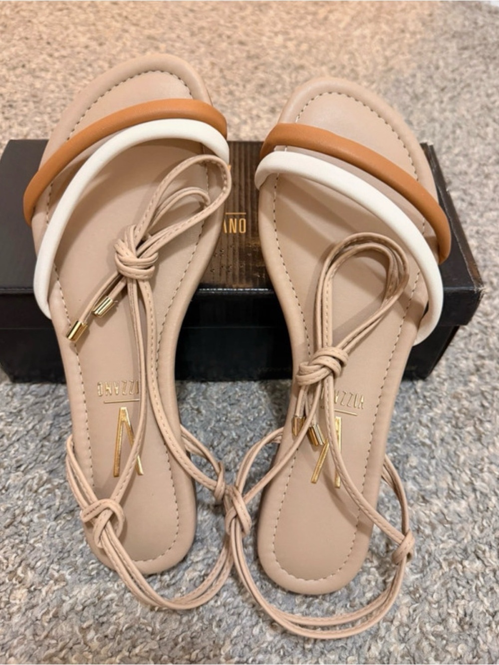 Women’s Neutral Beige Lace-Up Sandals with Tan and White Strap Accents